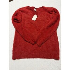 A New Day Women Large Red Fuzzy V-Neck Sweater Cozy Plush Holiday Pull-Over NEW
